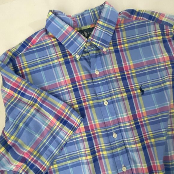 Ralph Lauren Button Down Shirt Mens XL Blue Plaid Short Sleeve  Classic Fit Cott - Picture 1 of 11